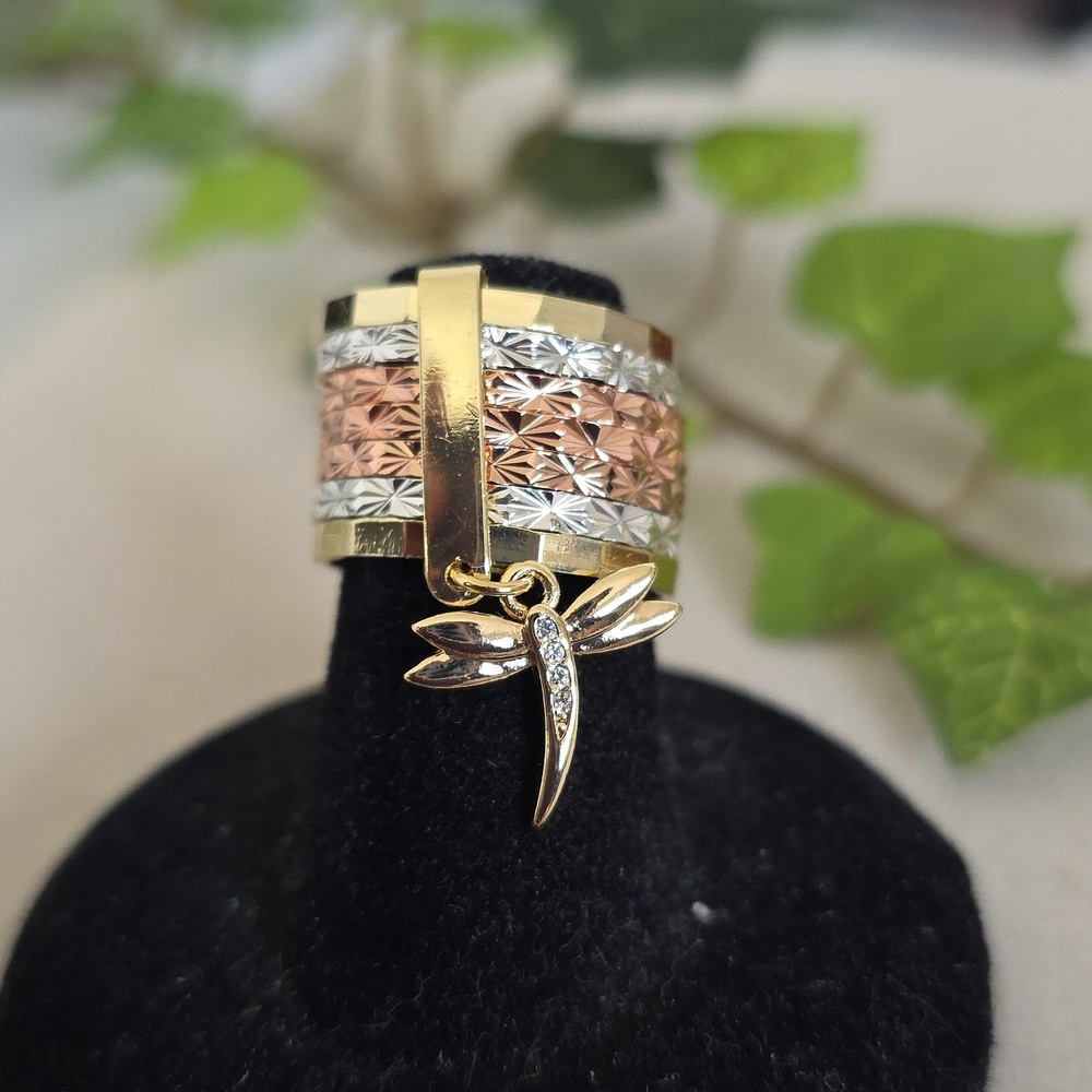 Tricolor Gold Filled 7 Ring Stack with Dragonfly Charm and CZ Stones Size 7